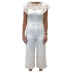 Donna Ricco Women's Round Neck Flutter Sleeve Lace Jumpsuit- White- Size 16